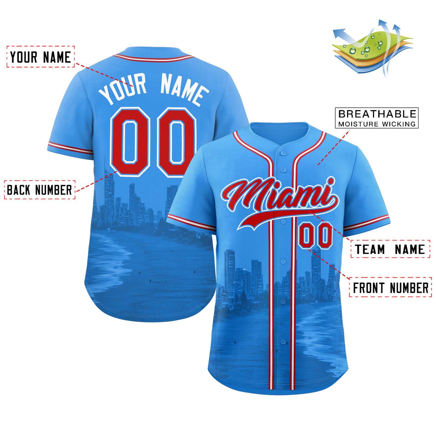 Custom Powder Blue Red-Powder Blue Miami City Connect Baseball Jersey