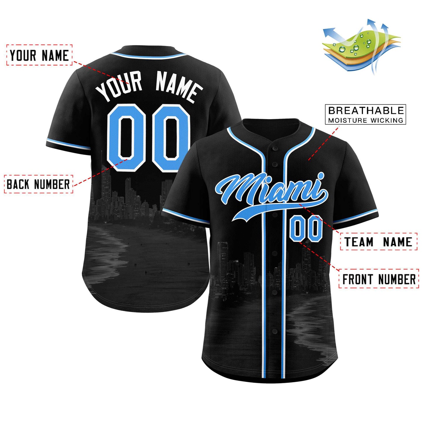 Custom Black Powder Blue-White Miami City Connect Baseball Jersey