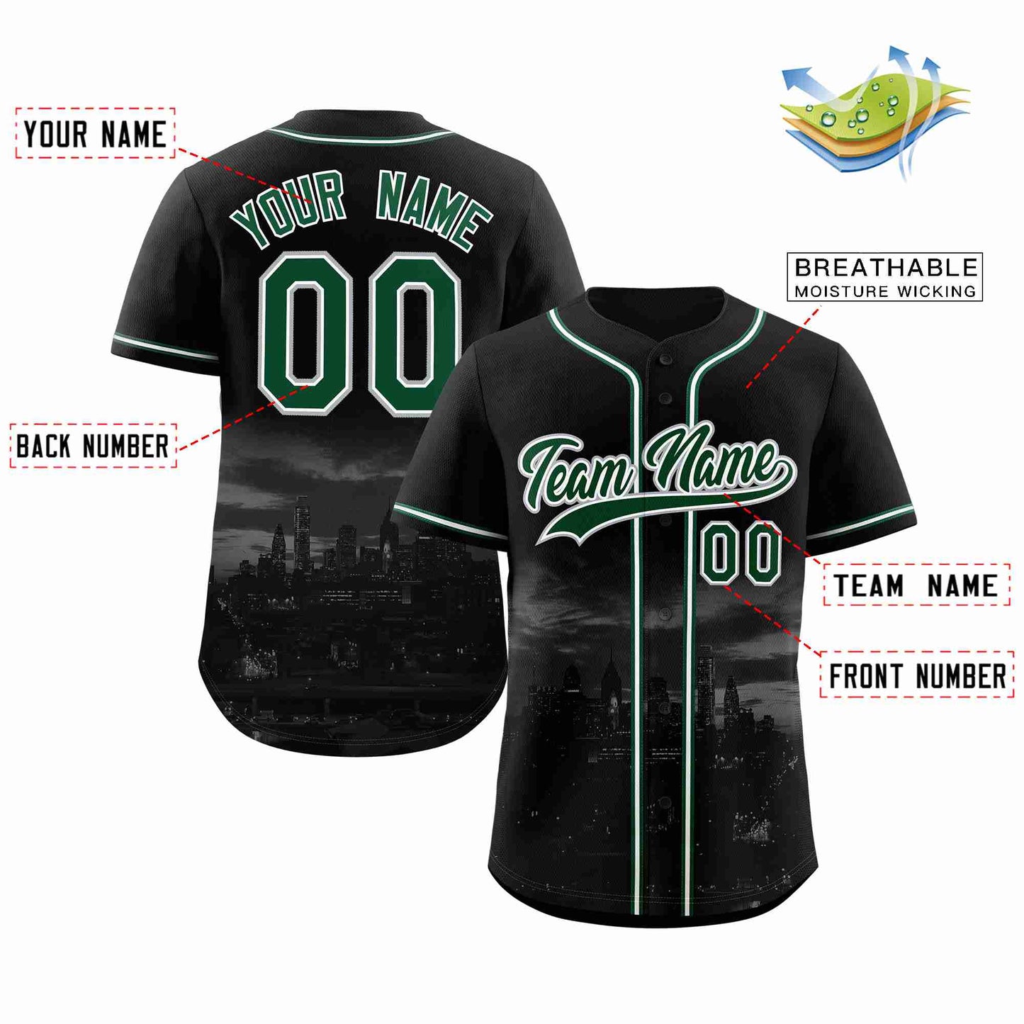 Custom Black Green-White Philadelphia City Connect Baseball Jersey