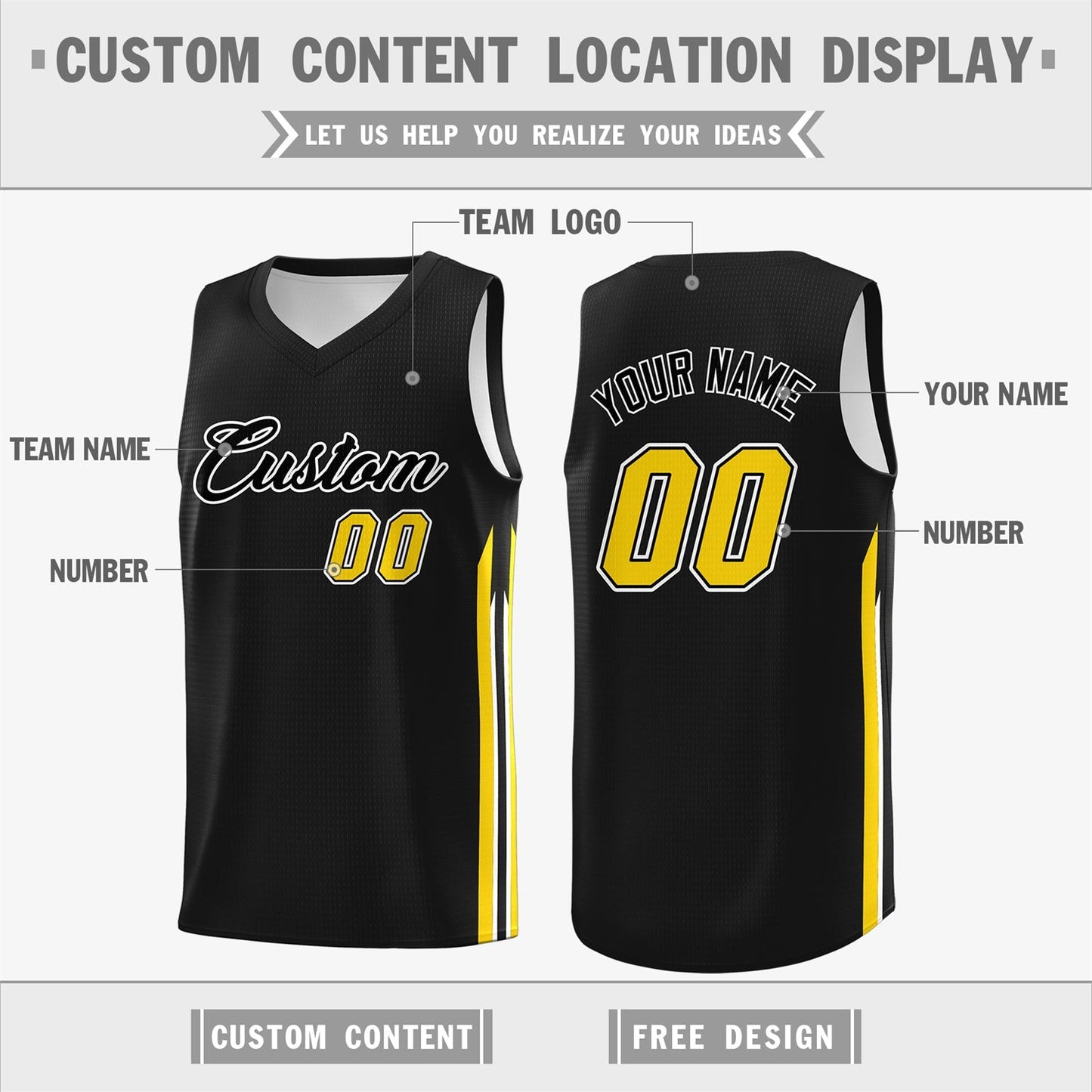 Custom  Black Yellow Classic Tops Sport Game Basketball Jersey