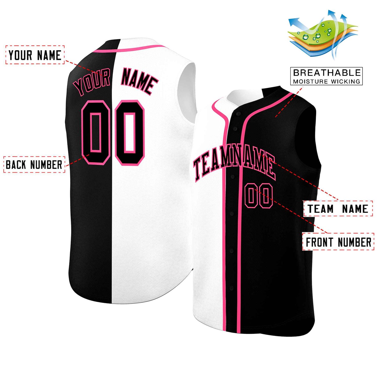 Custom White Black Split Fashion Design Authentic Sleeveless Baseball Jersey