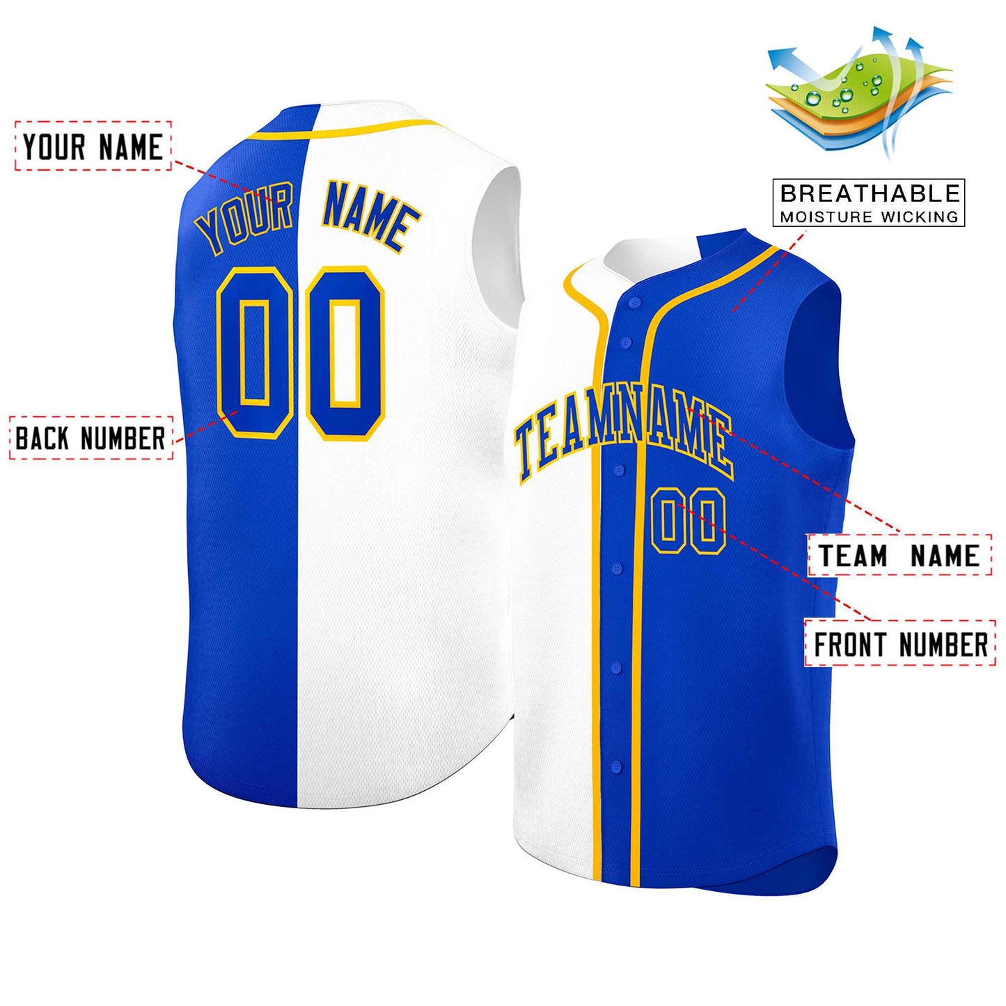 Custom White Royal Split Fashion Design Authentic Sleeveless Baseball Jersey