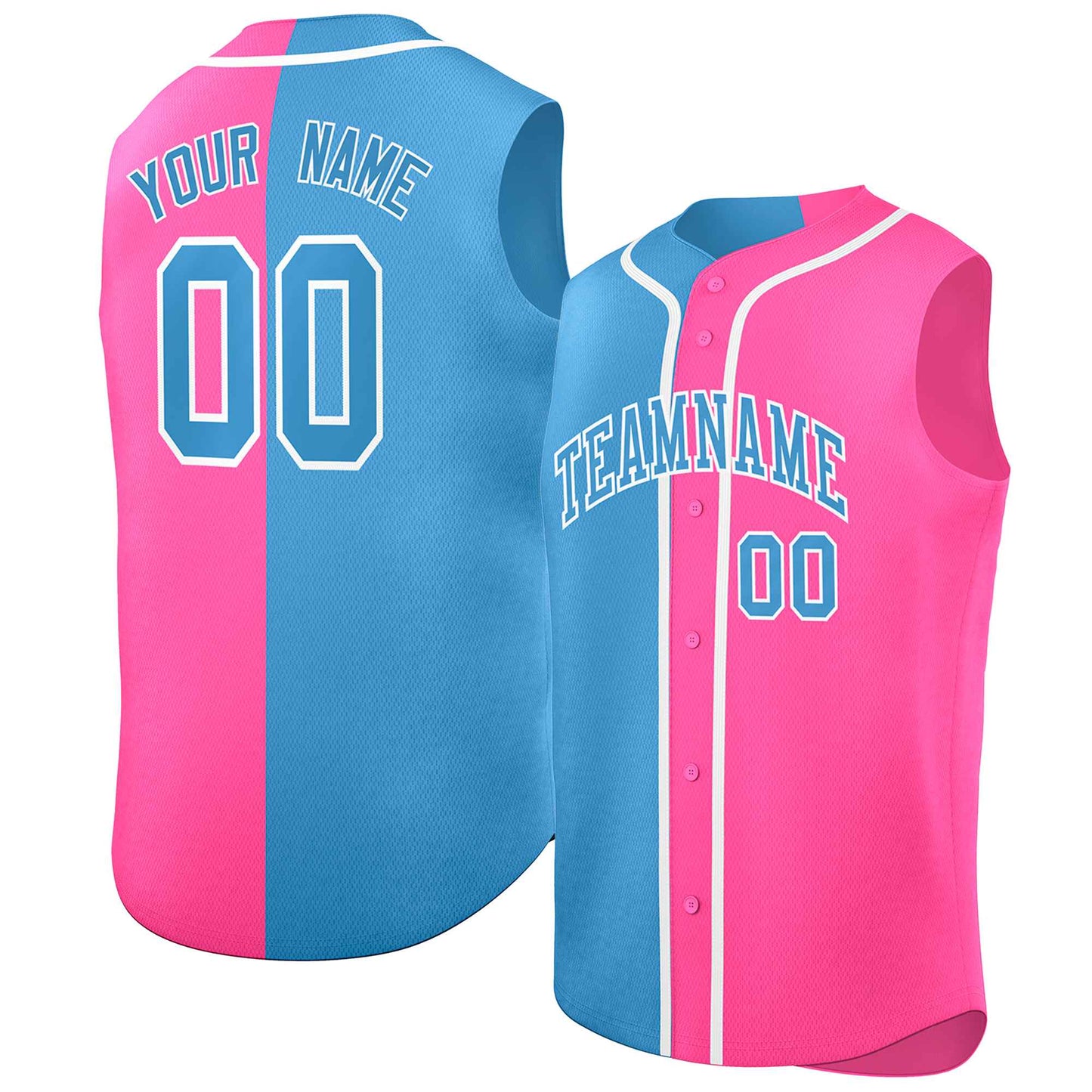 Custom Powder Blue Pink Split Fashion Design Authentic Sleeveless Baseball Jersey