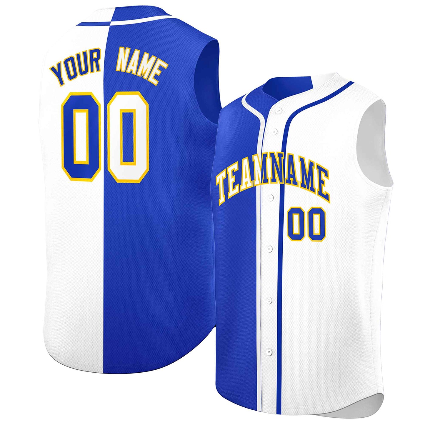 Custom Royal White Split Fashion Design Authentic Sleeveless Baseball Jersey