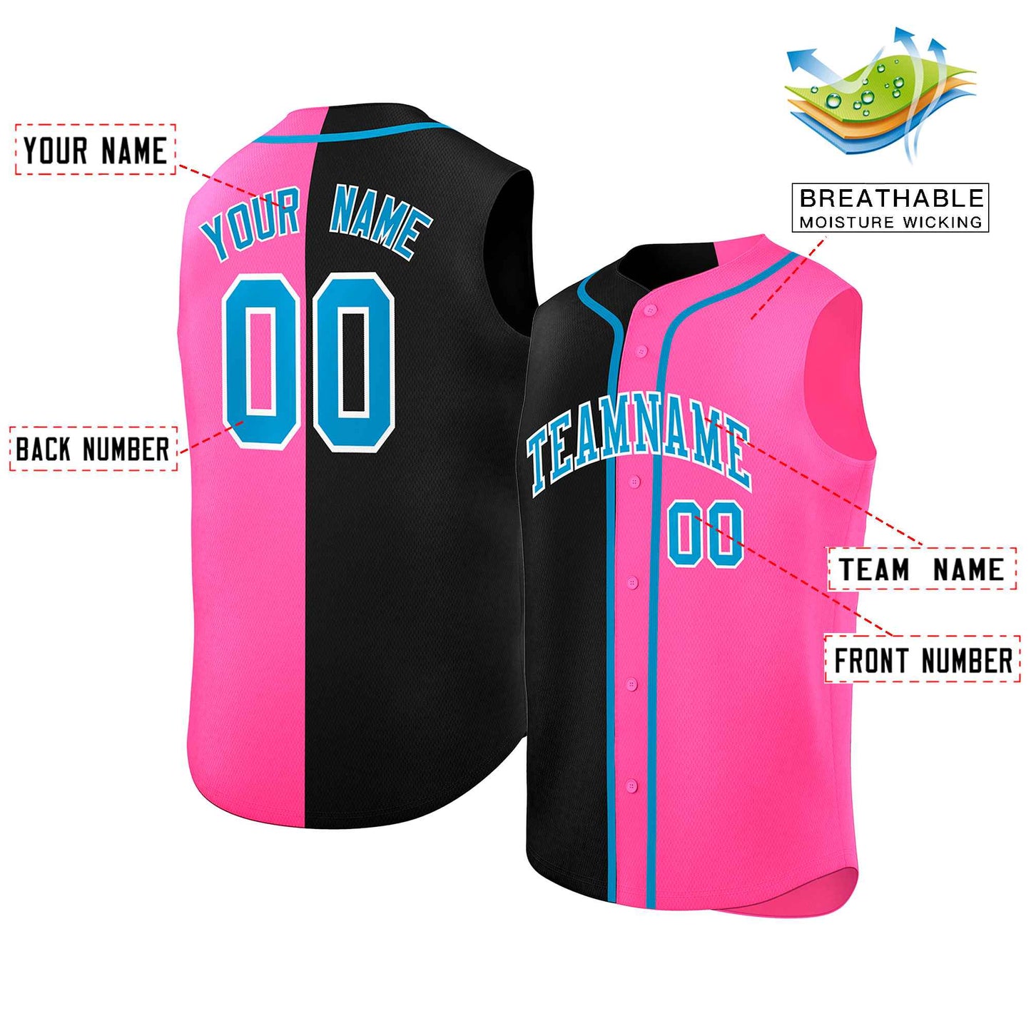 Custom Black Pink Split Fashion Design Authentic Sleeveless Baseball Jersey