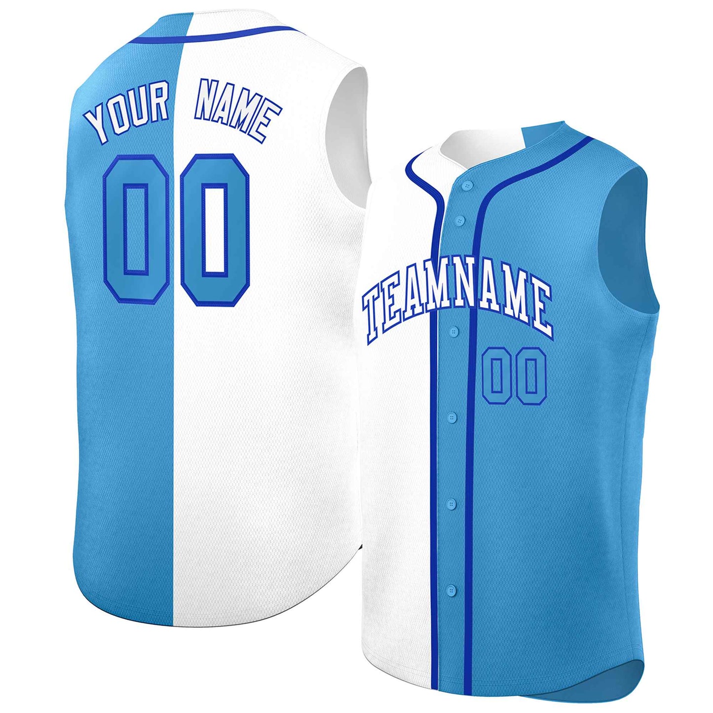 Custom White Light Blue Split Fashion Design Authentic Sleeveless Baseball Jersey