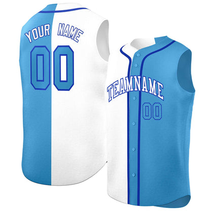 Custom White Light Blue Split Fashion Design Authentic Sleeveless Baseball Jersey