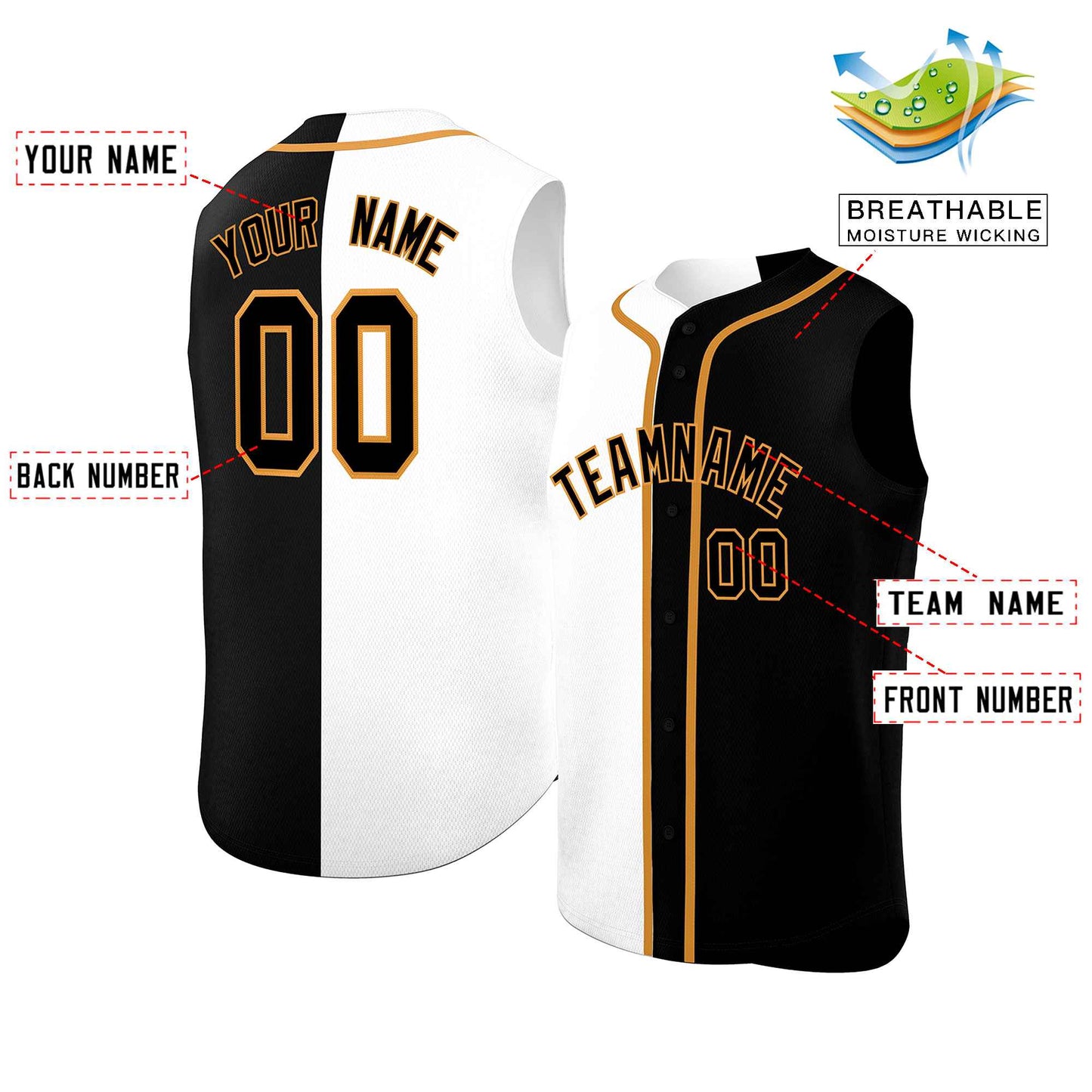 Custom White Black Split Fashion Design Authentic Sleeveless Baseball Jersey