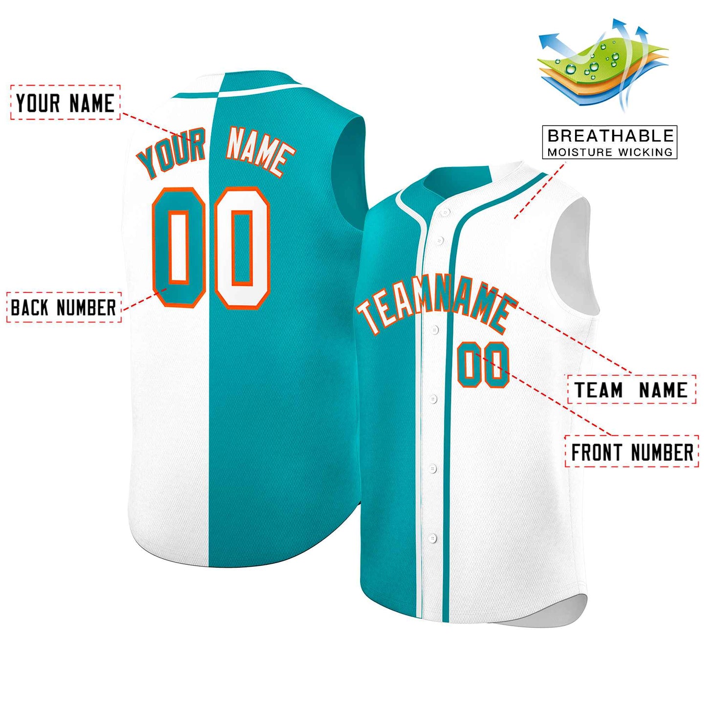 Custom Aqua White Split Fashion Design Authentic Sleeveless Baseball Jersey