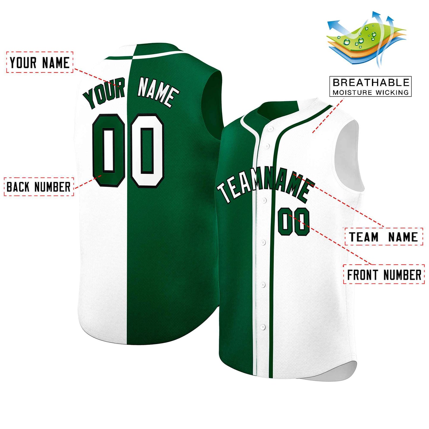 Custom Green White Split Fashion Design Authentic Sleeveless Baseball Jersey