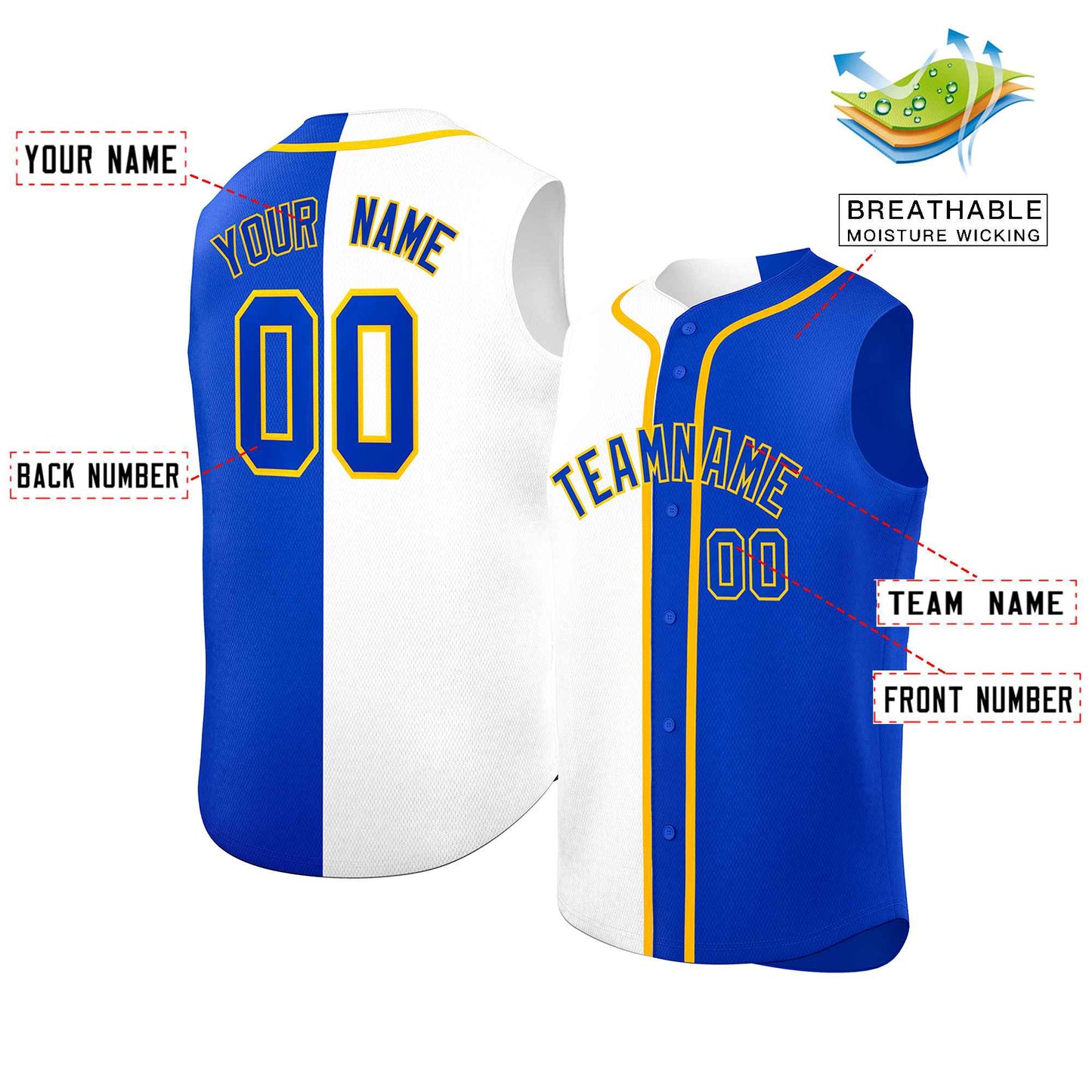 Custom White Royal Split Fashion Design Authentic Sleeveless Baseball Jersey