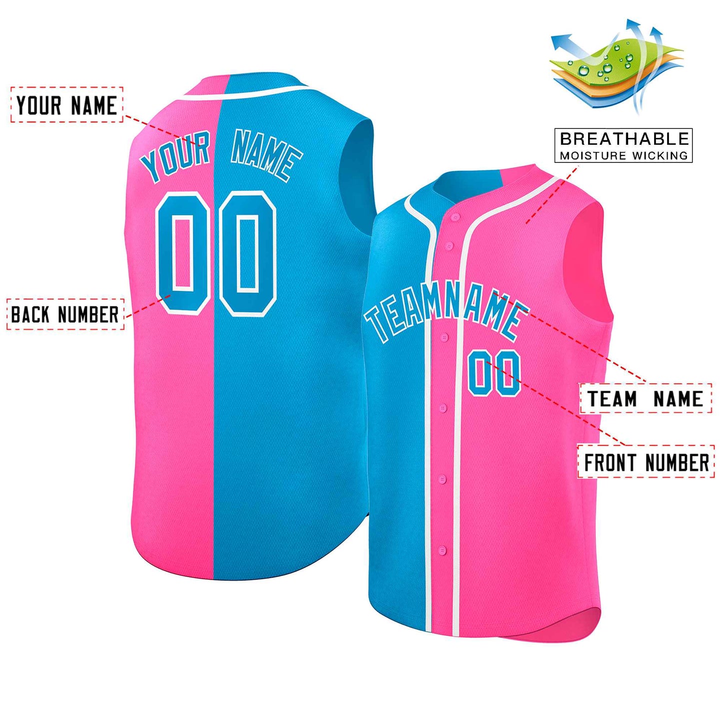 Custom Powder Blue Pink Split Fashion Design Authentic Sleeveless Baseball Jersey