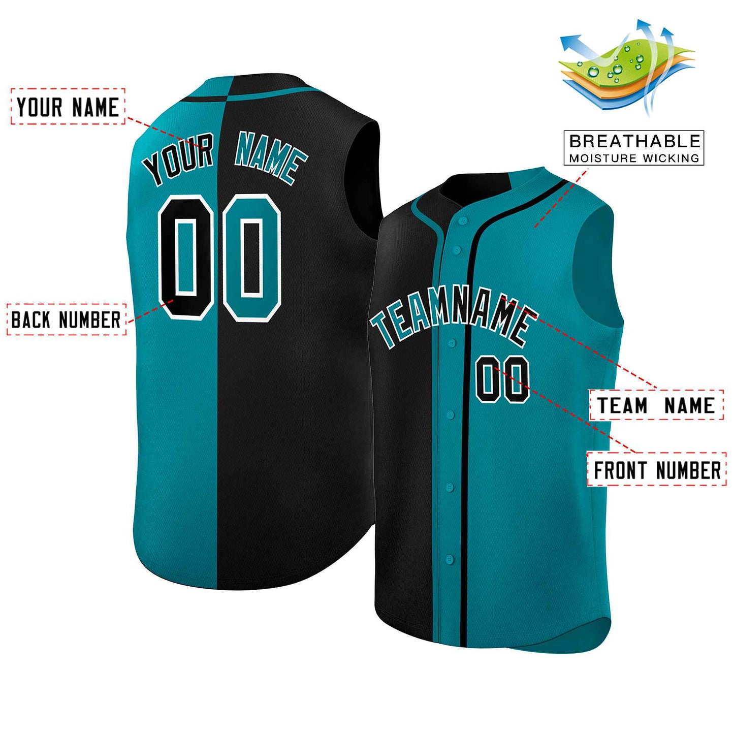 Custom Black Aqua Split Fashion Design Authentic Sleeveless Baseball Jersey