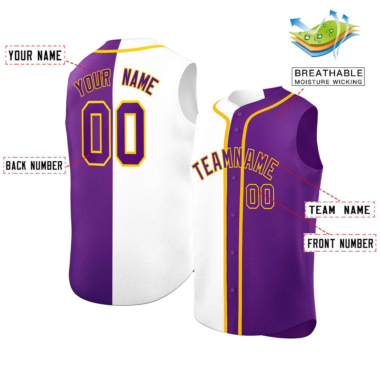 Custom White Purple Split Fashion Design Authentic Sleeveless Baseball Jersey