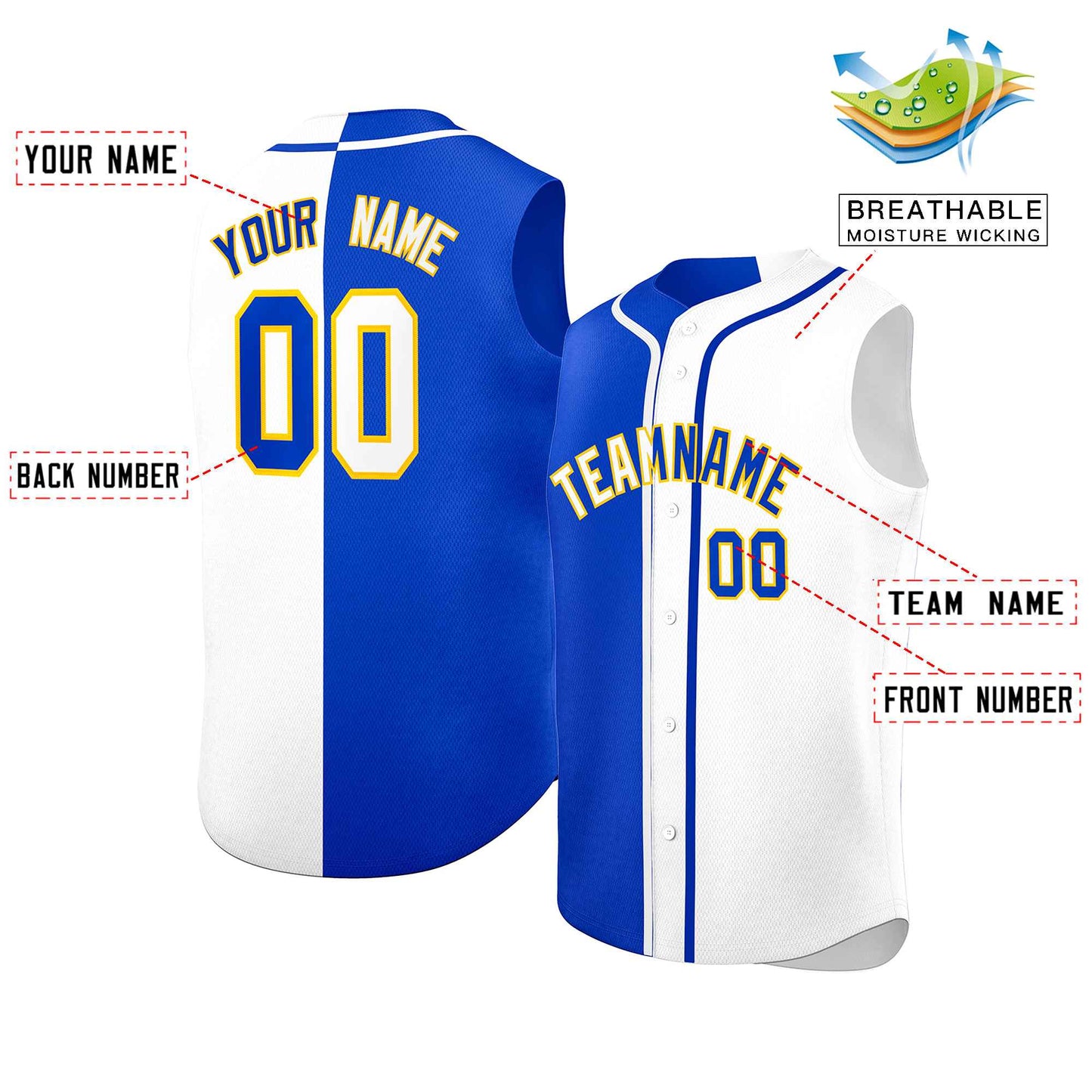 Custom Royal White Split Fashion Design Authentic Sleeveless Baseball Jersey