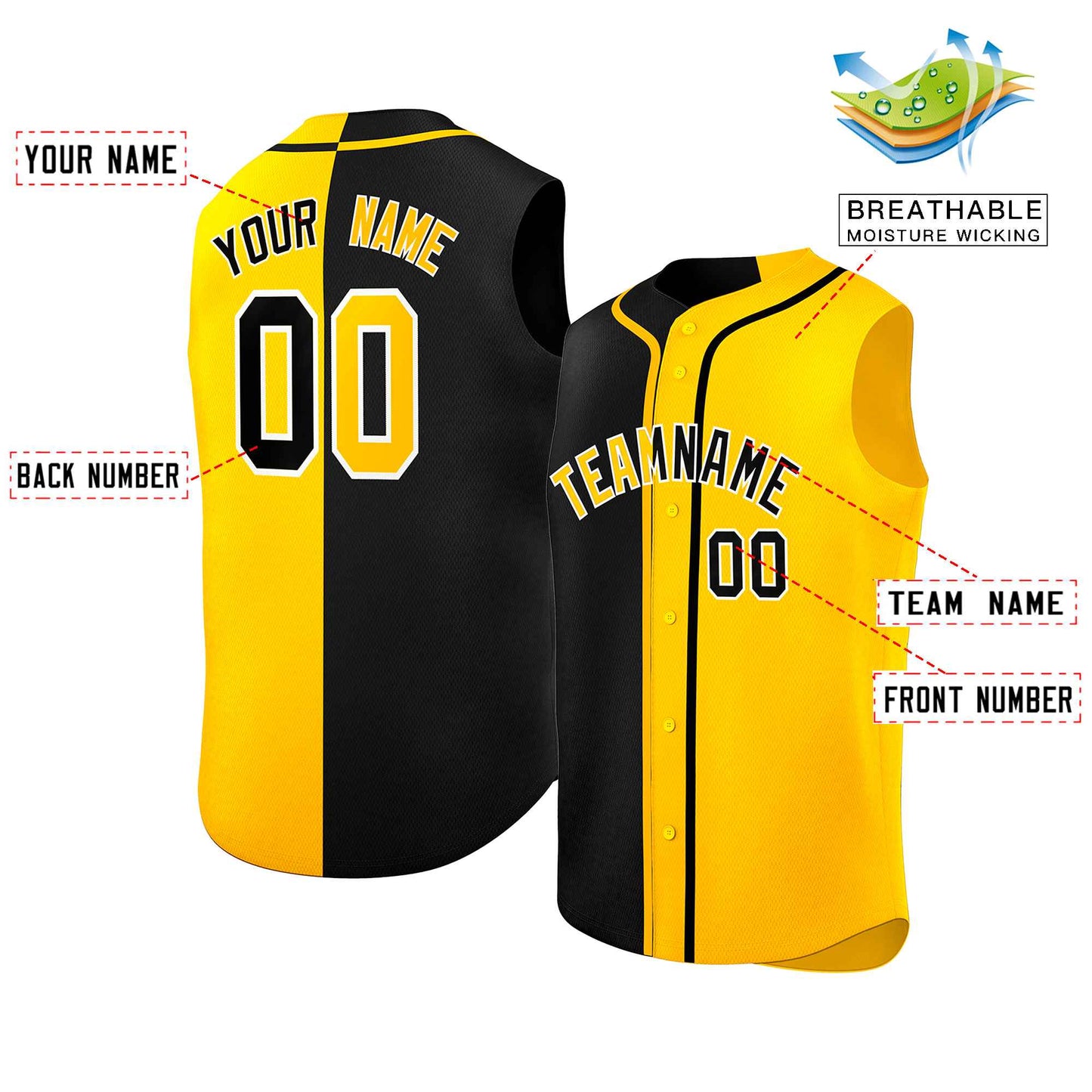 Custom Black Gold Split Fashion Design Authentic Sleeveless Baseball Jersey