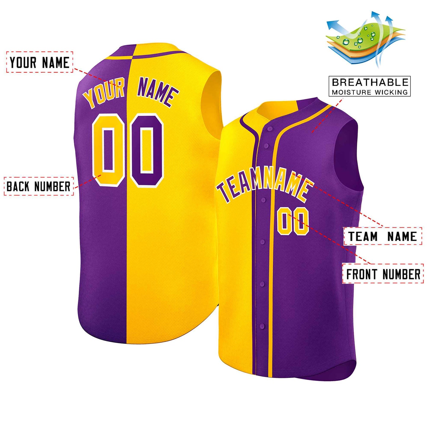 Custom Gold Purple Split Fashion Design Authentic Sleeveless Baseball Jersey