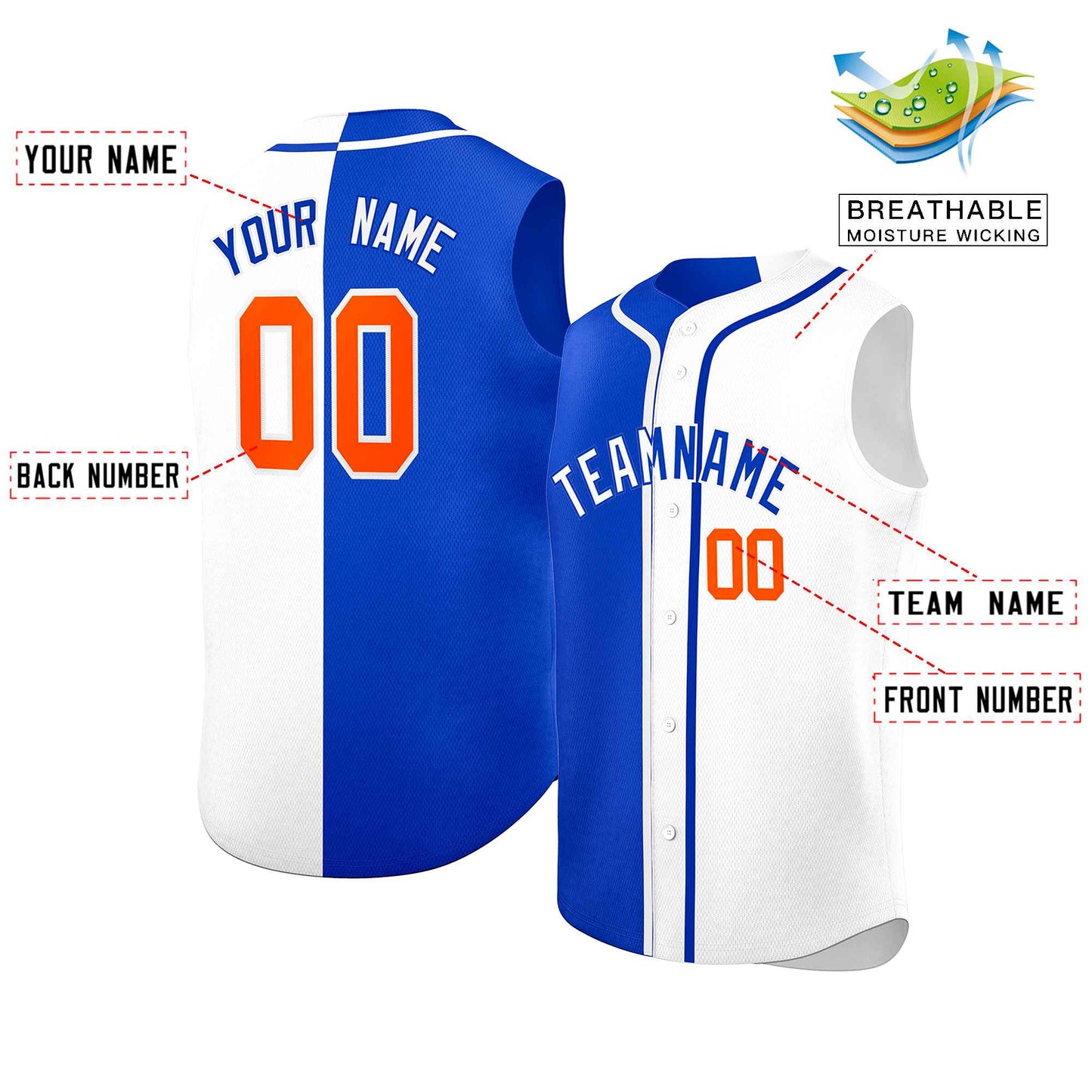 Custom Royal White Split Fashion Design Authentic Sleeveless Baseball Jersey