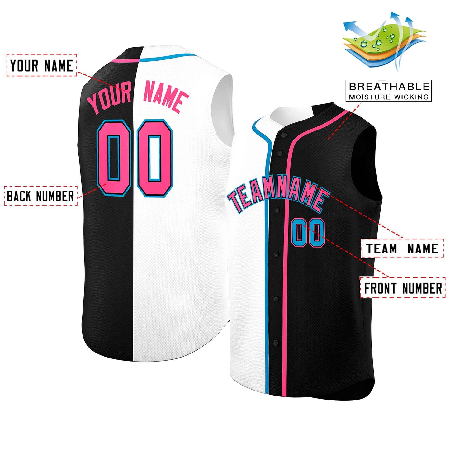 Custom White Black Split Fashion Design Authentic Sleeveless Baseball Jersey