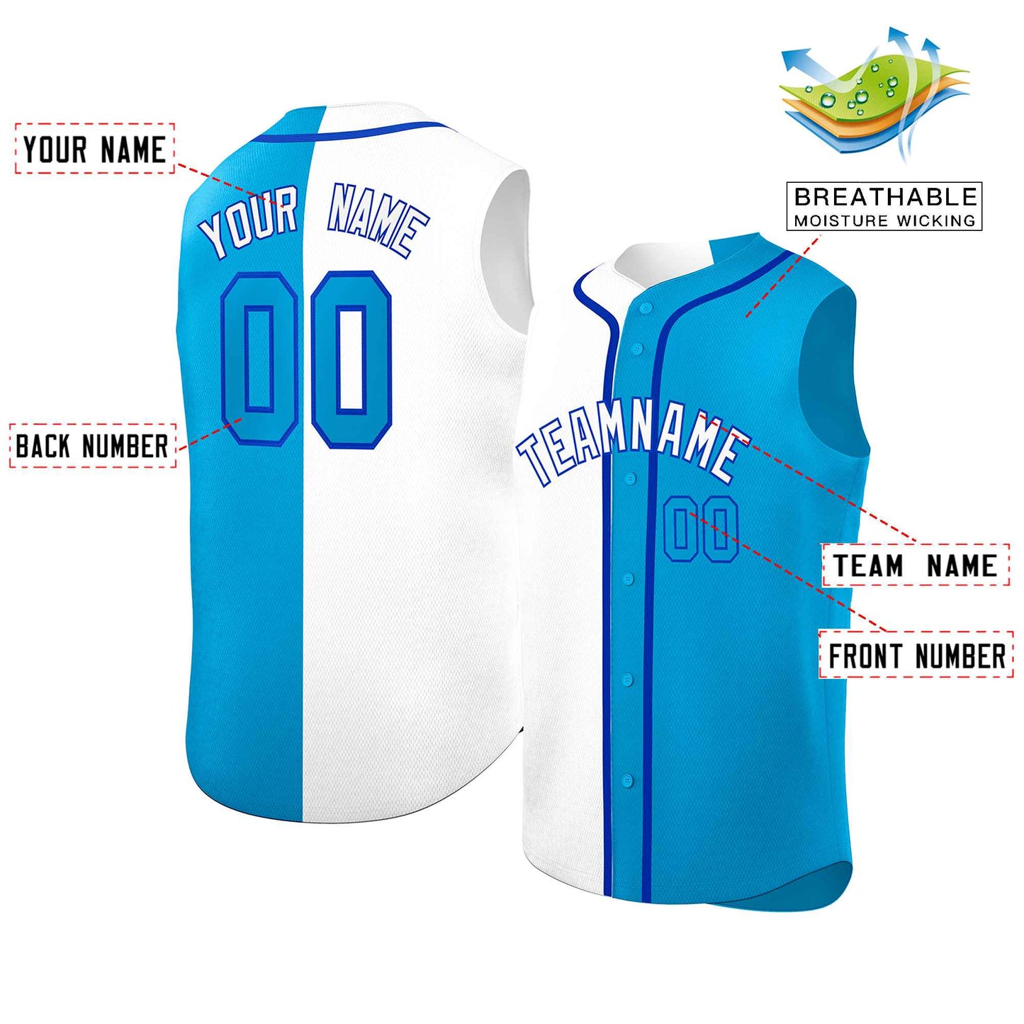 Custom White Light Blue Split Fashion Design Authentic Sleeveless Baseball Jersey