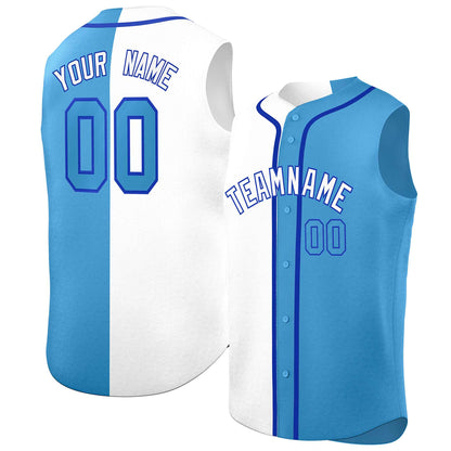 Custom White Light Blue Split Fashion Design Authentic Sleeveless Baseball Jersey