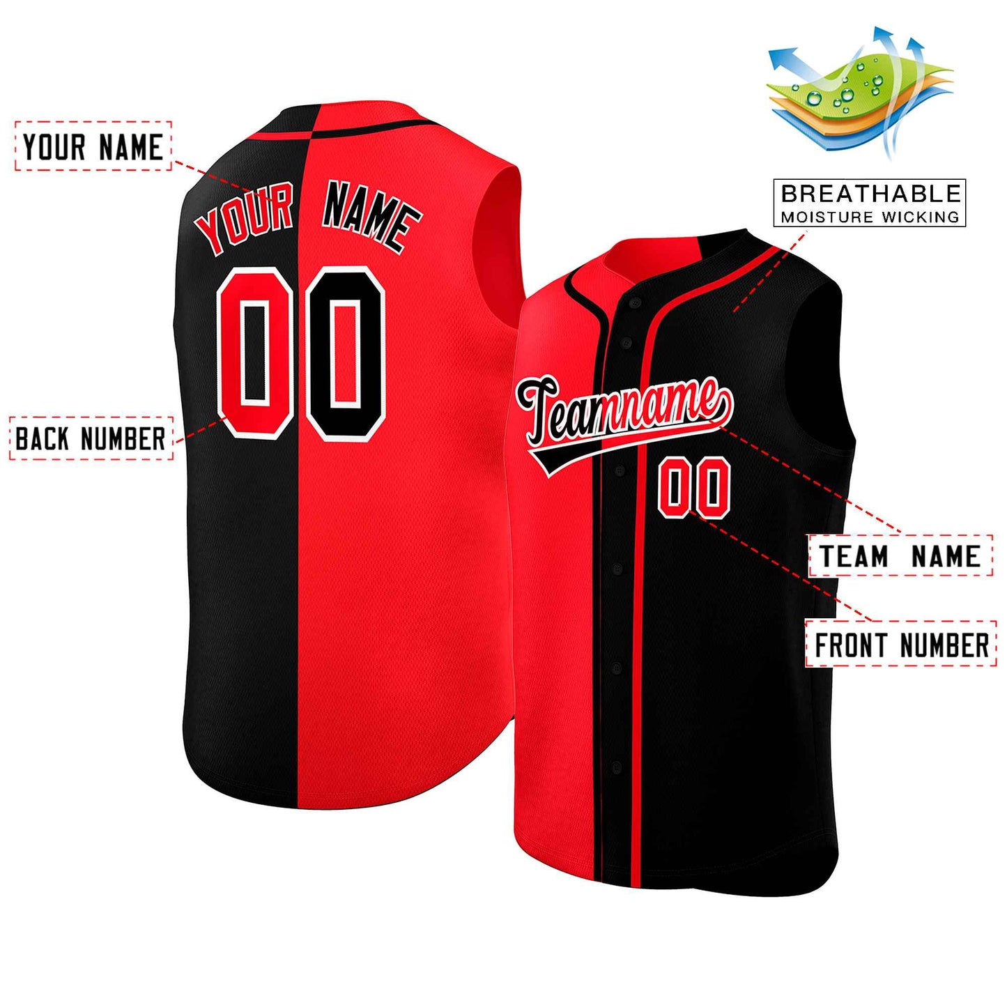 Custom Red Black Split Fashion Design Authentic Sleeveless Baseball Jersey