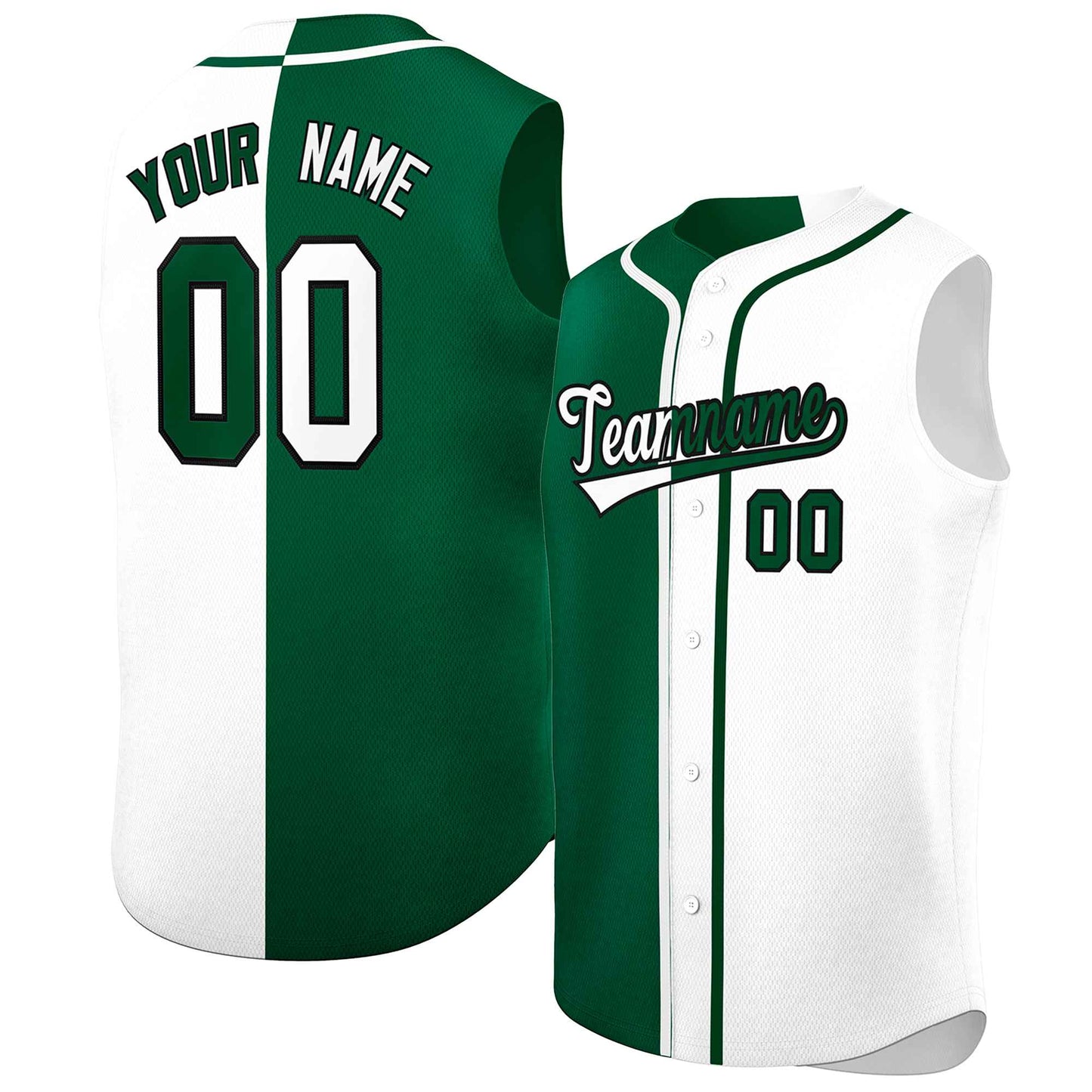 Custom Green White Split Fashion Design Authentic Sleeveless Baseball Jersey