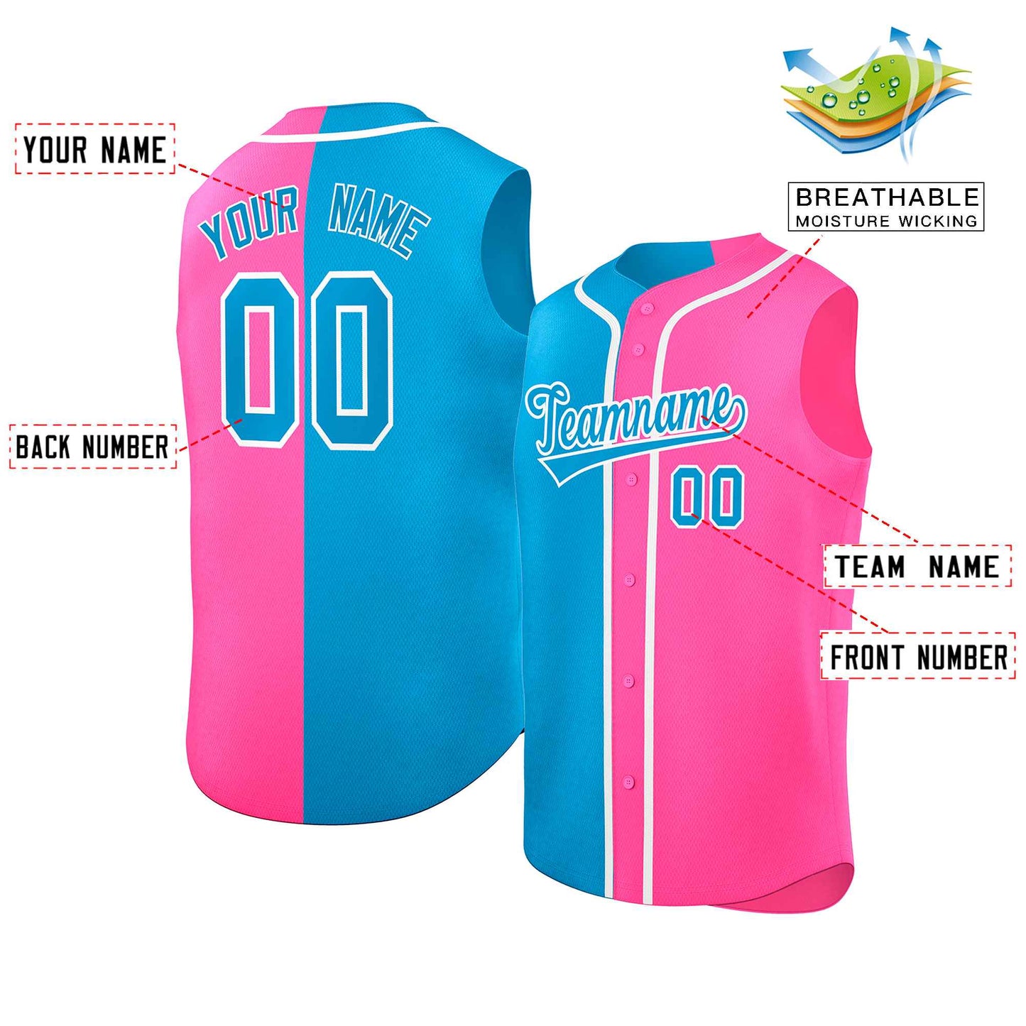 Custom Powder Blue Pink Split Fashion Design Authentic Sleeveless Baseball Jersey