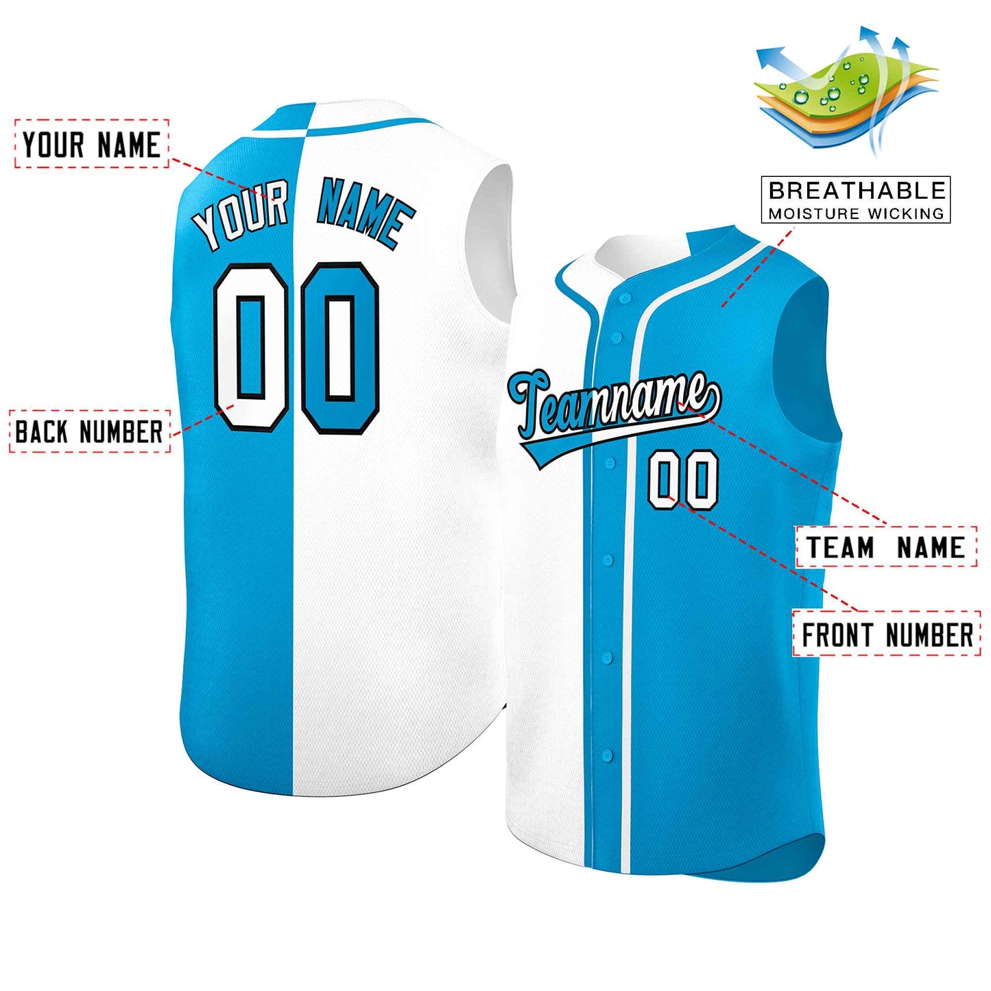 Custom White Powder Blue Split Fashion Design Authentic Sleeveless Baseball Jersey