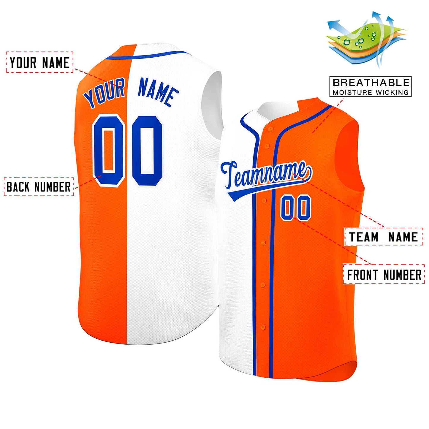 Custom White Orange Split Fashion Design Authentic Sleeveless Baseball Jersey