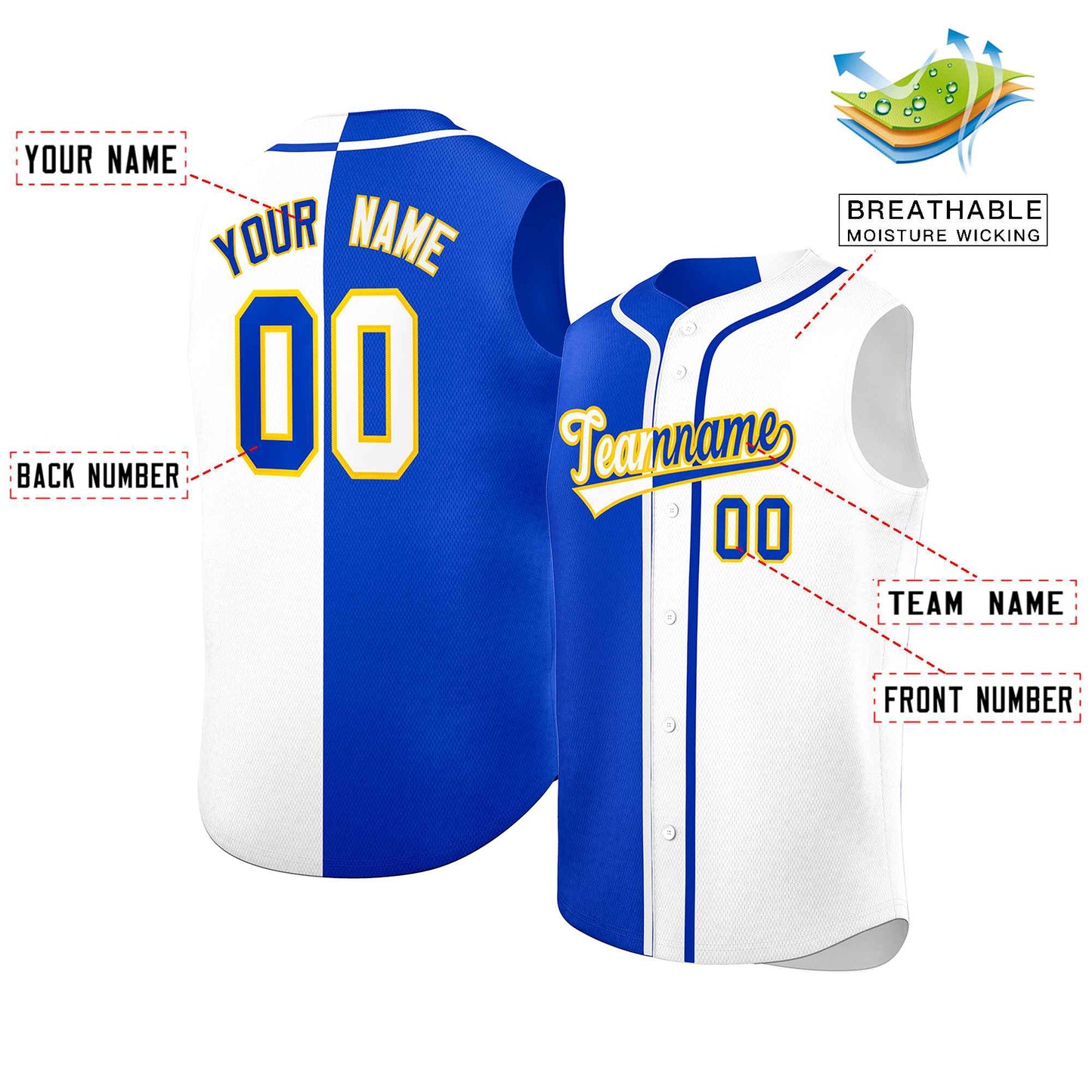 Custom Royal White Split Fashion Design Authentic Sleeveless Baseball Jersey