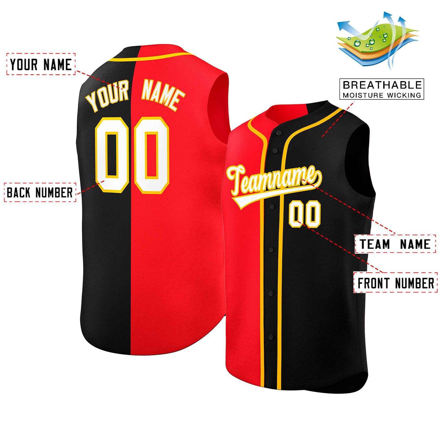 Custom Red Black Split Fashion Design Authentic Sleeveless Baseball Jersey