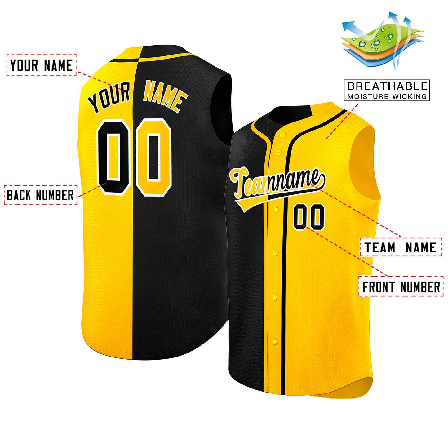 Custom Black Gold Split Fashion Design Authentic Sleeveless Baseball Jersey