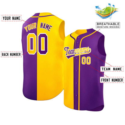 Custom Gold Purple Split Fashion Design Authentic Sleeveless Baseball Jersey