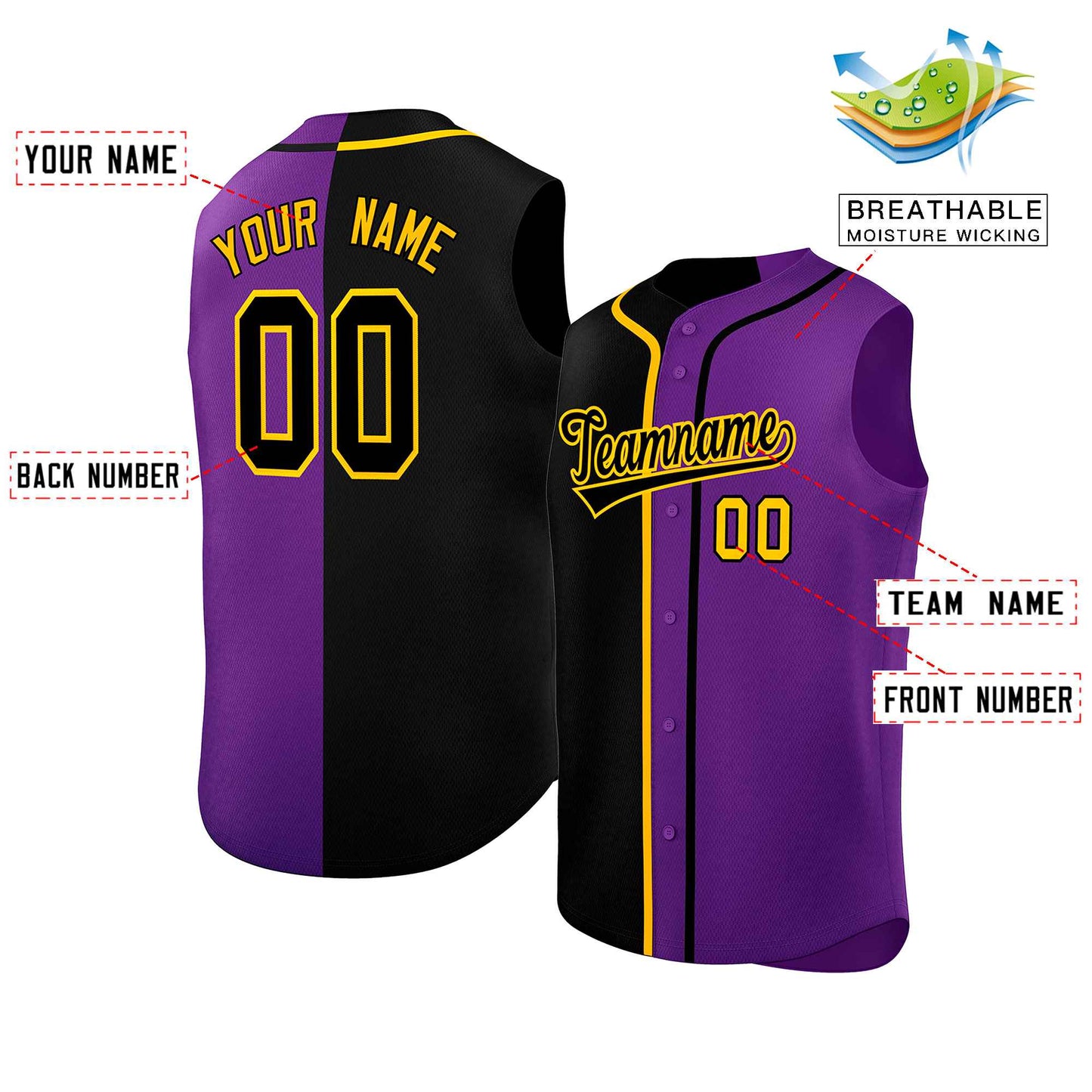 Custom Black Purple Split Fashion Design Authentic Sleeveless Baseball Jersey