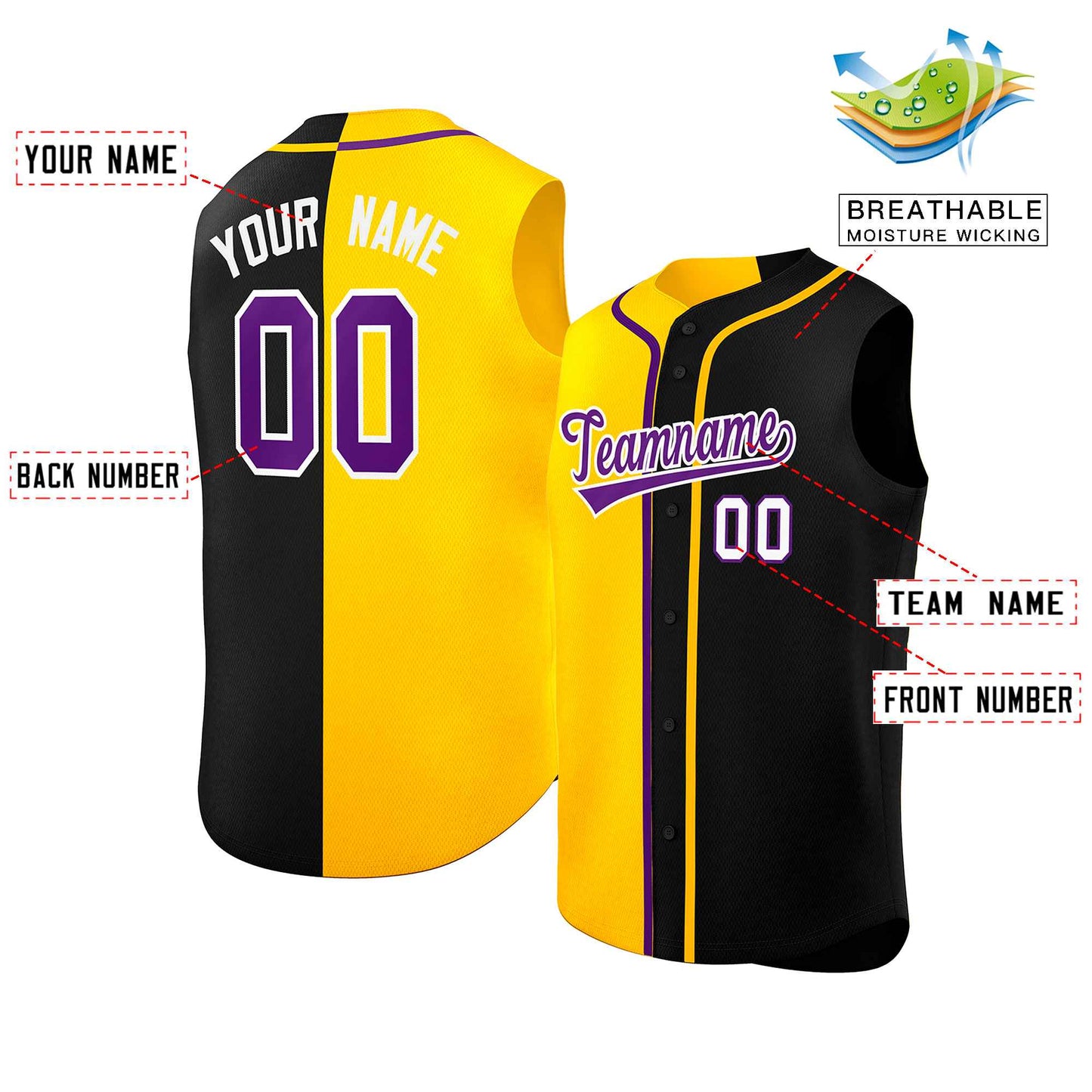 Custom Gold Black Split Fashion Design Authentic Sleeveless Baseball Jersey