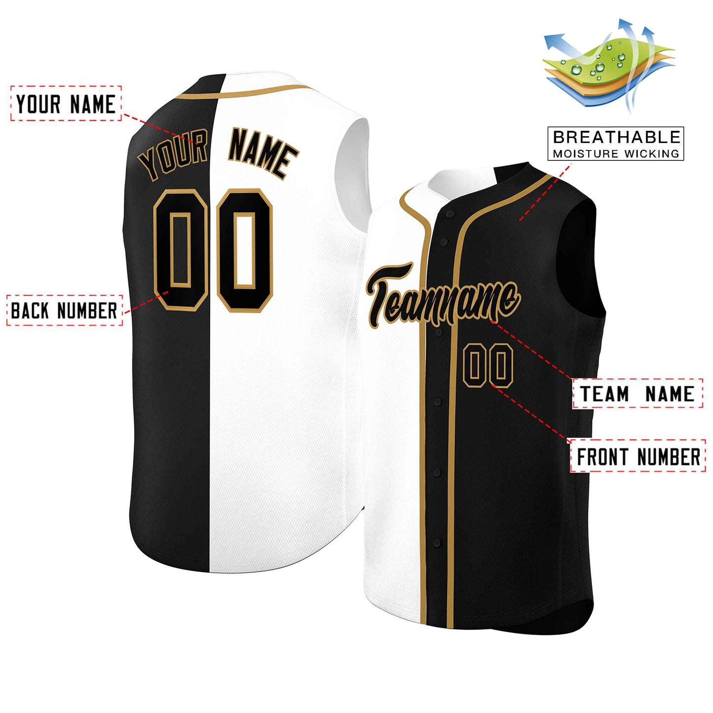 Custom White Black Split Fashion Design Authentic Sleeveless Baseball Jersey