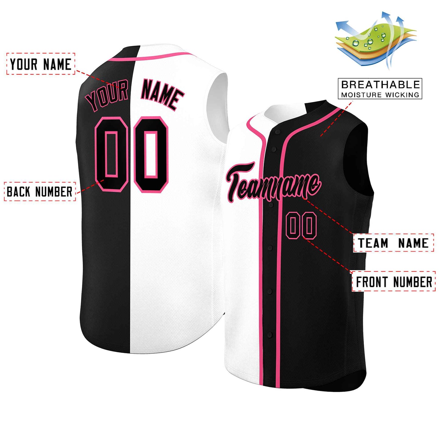 Custom White Black Split Fashion Design Authentic Sleeveless Baseball Jersey