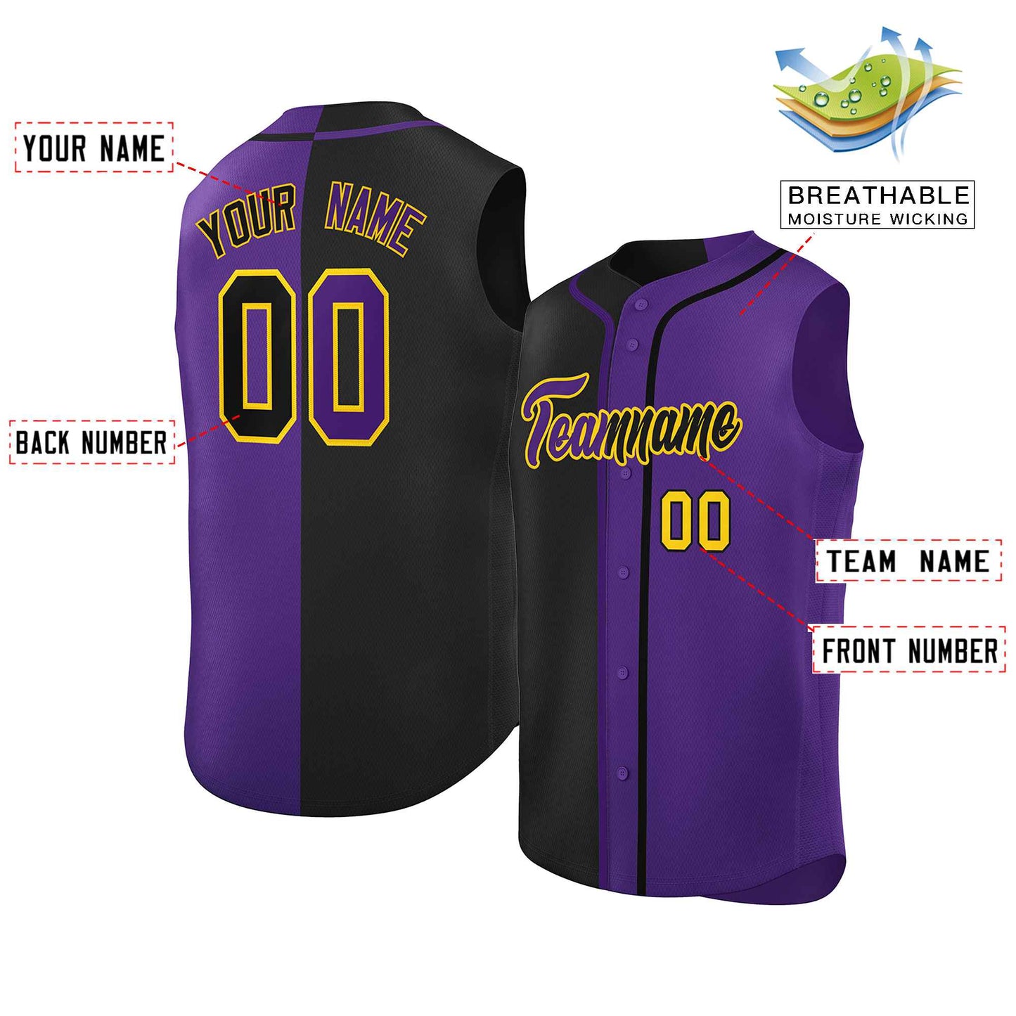 Custom Black Purple Split Fashion Design Authentic Sleeveless Baseball Jersey