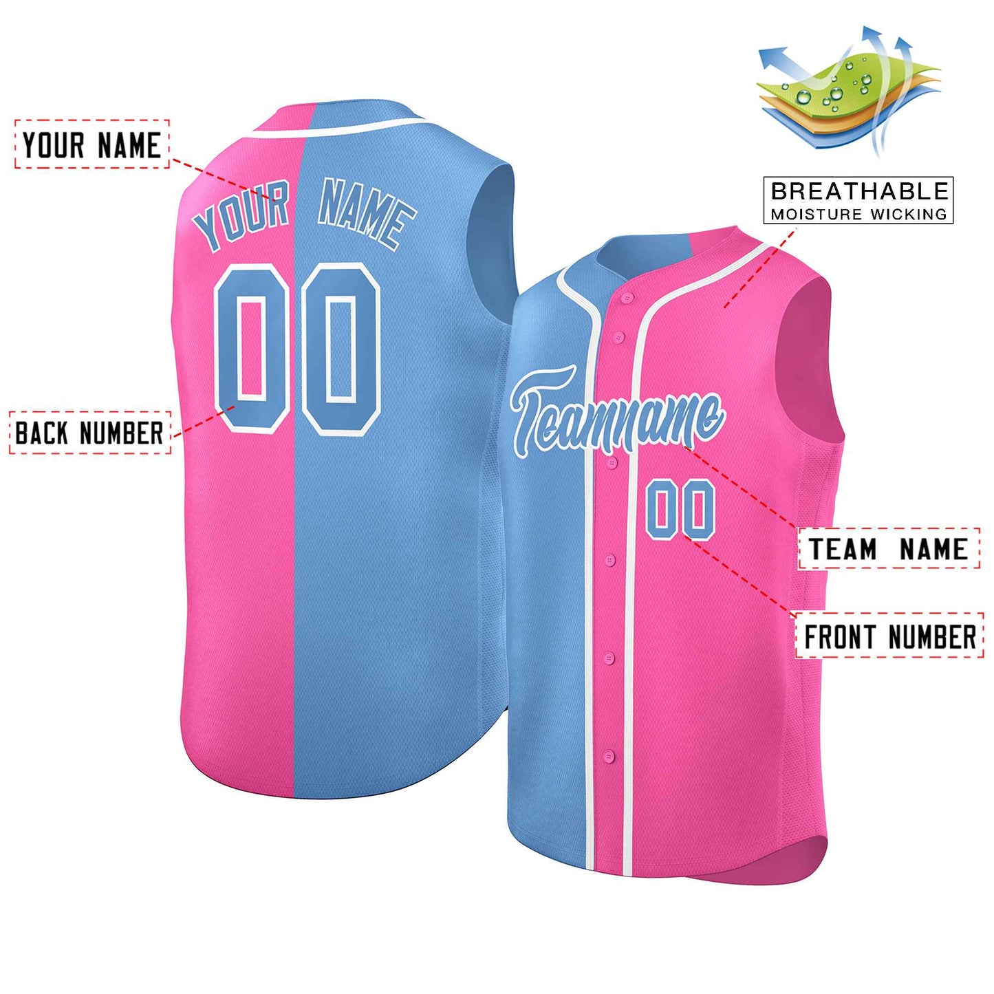 Custom Powder Blue Pink Split Fashion Design Authentic Sleeveless Baseball Jersey