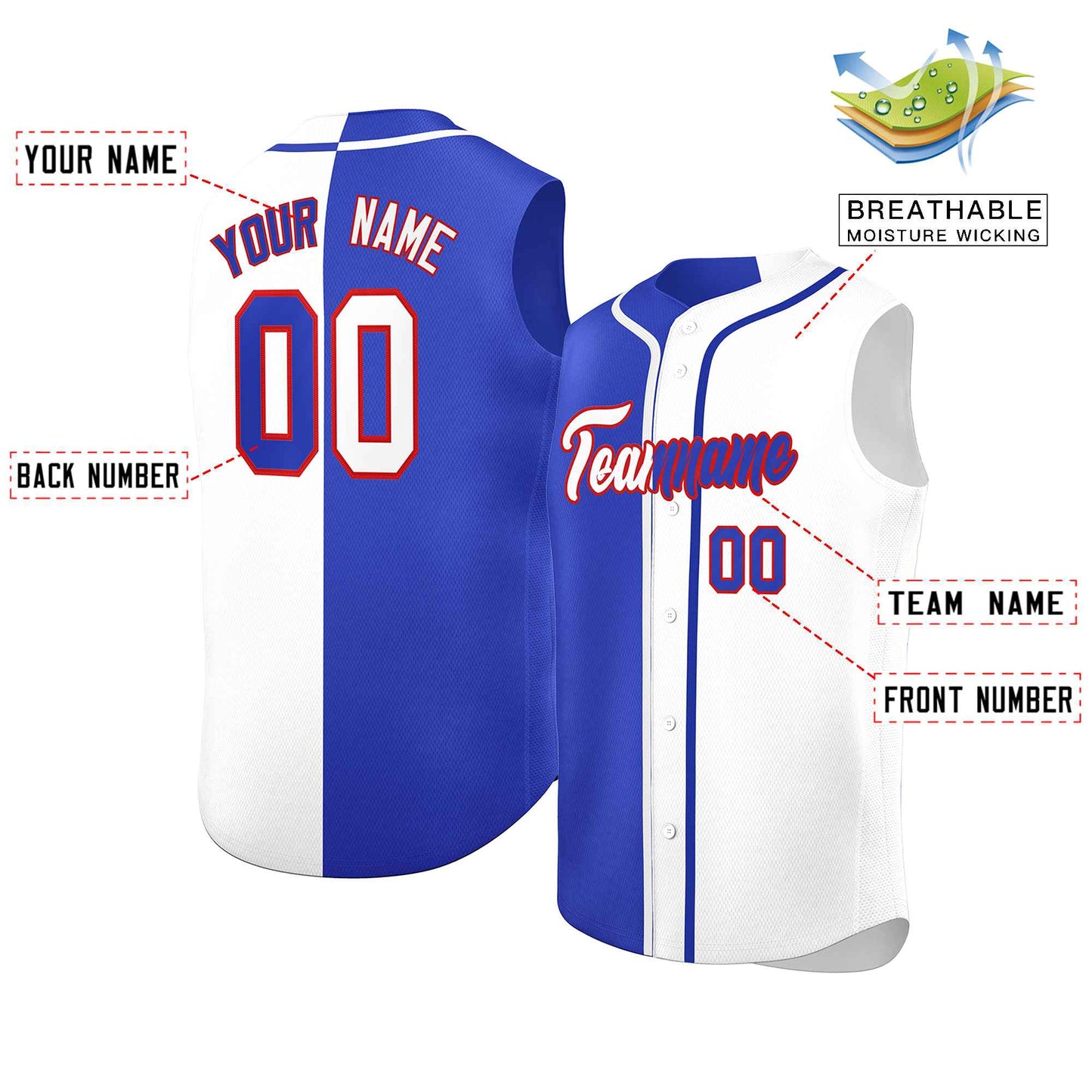 Custom Royal White Split Fashion Design Authentic Sleeveless Baseball Jersey