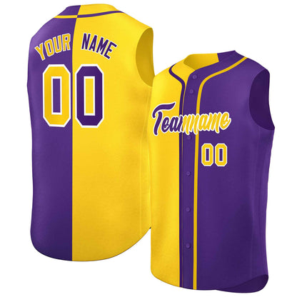 Custom Gold Purple Split Fashion Design Authentic Sleeveless Baseball Jersey