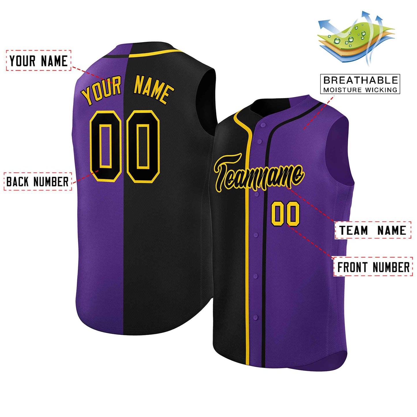 Custom Black Purple Split Fashion Design Authentic Sleeveless Baseball Jersey