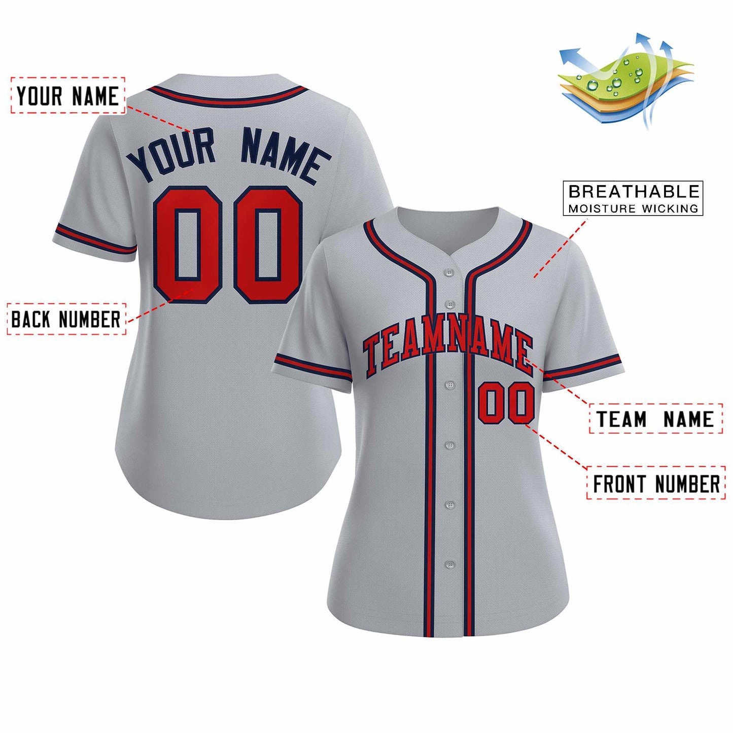 Custom Gray Red Navy Classic Style Baseball Jersey for Women