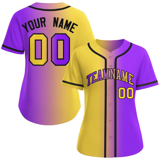 Custom Gold Purple-Black Gradient Fashion Baseball Jersey For Women