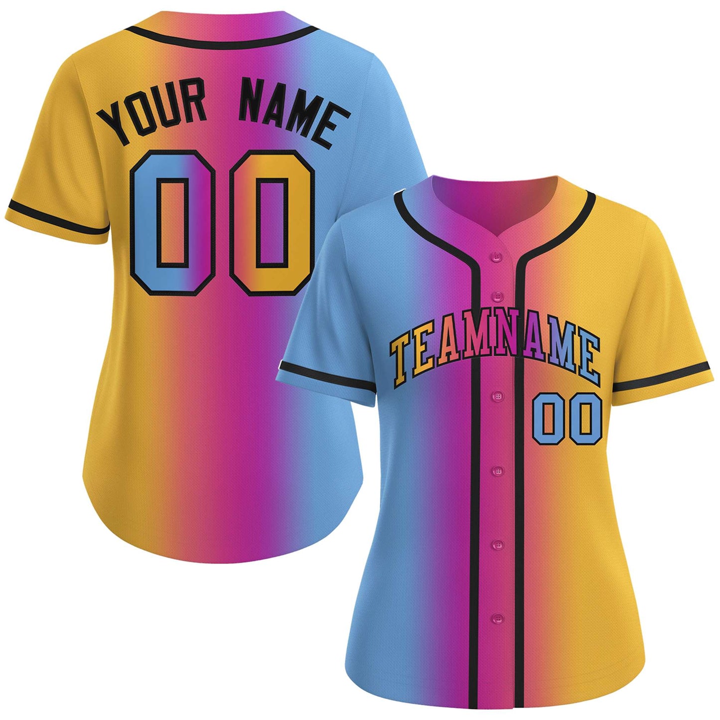 Custom Light Blue Gold-Black Gradient Fashion Baseball Jersey For Women