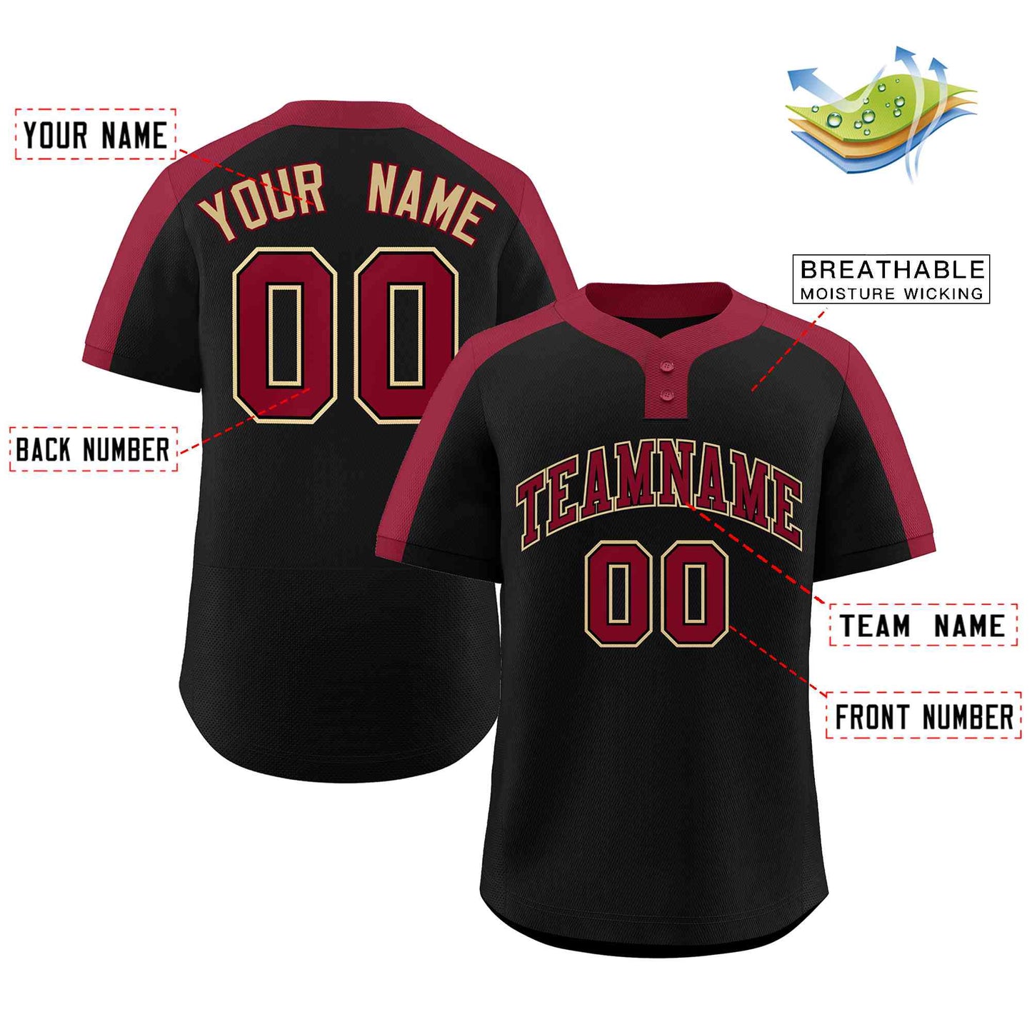 Custom Black Crimson-Black Classic Style Authentic Two-Button Baseball Jersey