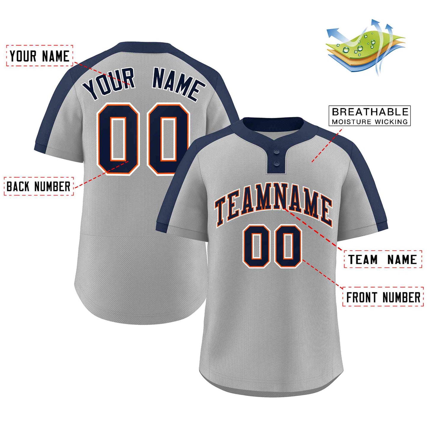 Custom Gray Navy-Orange Classic Style Authentic Two-Button Baseball Jersey