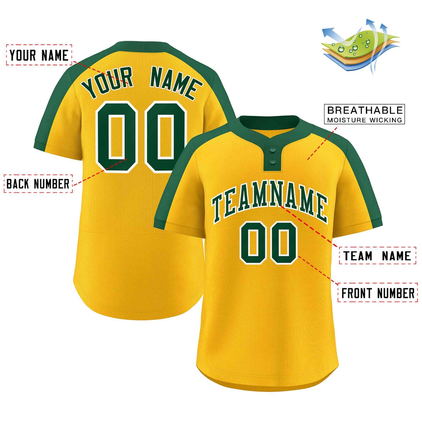 Custom Gold Green-White Classic Style Authentic Two-Button Baseball Jersey