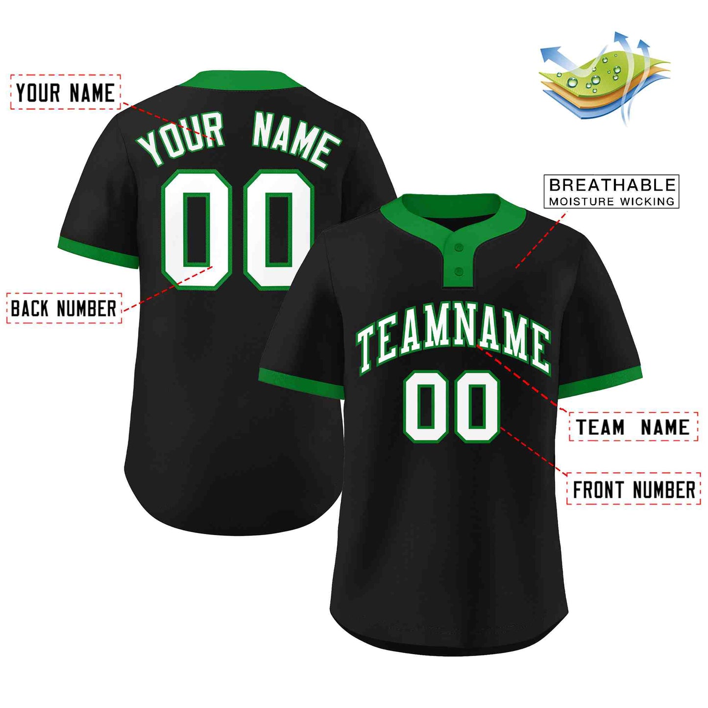 Custom Black White-Kelly Green Classic Style Authentic Two-Button Baseball Jersey